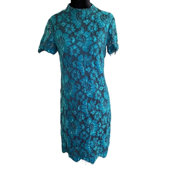NWOT Betsy Johnson Size 2 Short Sleeve Emerald Teal Lace on Black Cocktail Dress - Picture 1 of 10
